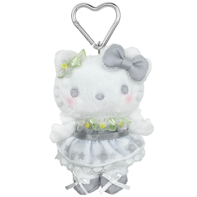Hello Kitty 50th anniversary plush keychain with floral design and silver accents
