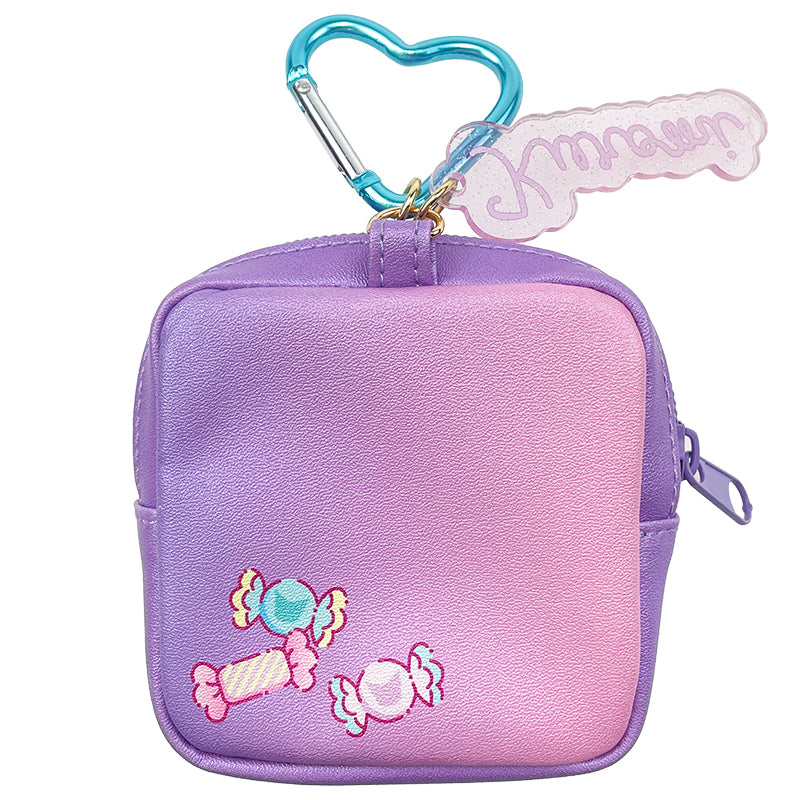 Kuromi pouch attached to a backpack for on-the-go use