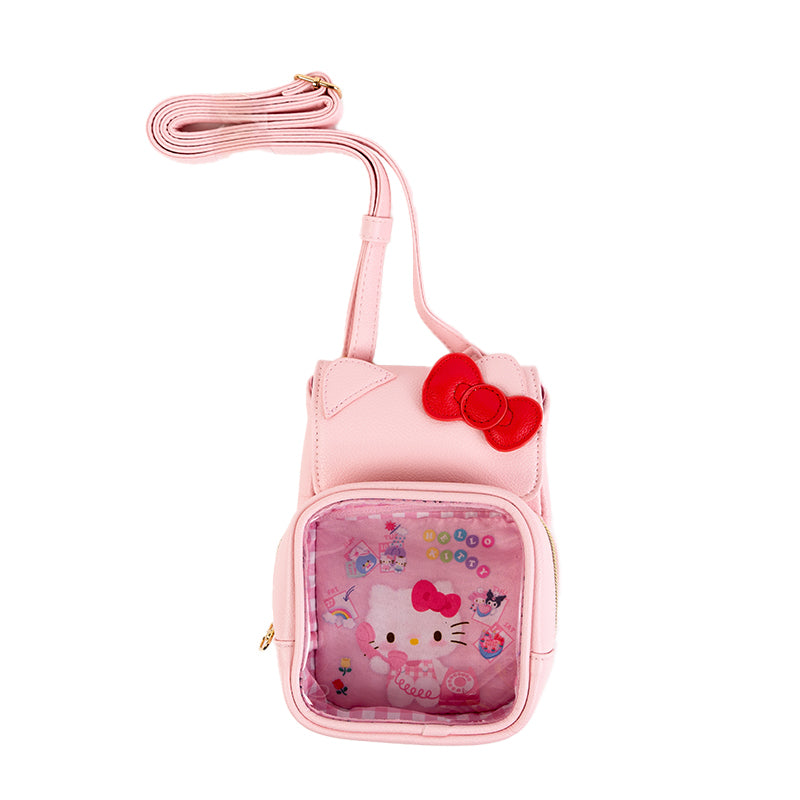 Front view of Hello Kitty mini crossbody bag showing cute design and adjustable strap.