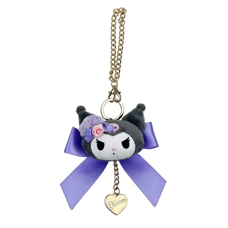 Front view of the charming Kuromi bag charm with satin ribbon.