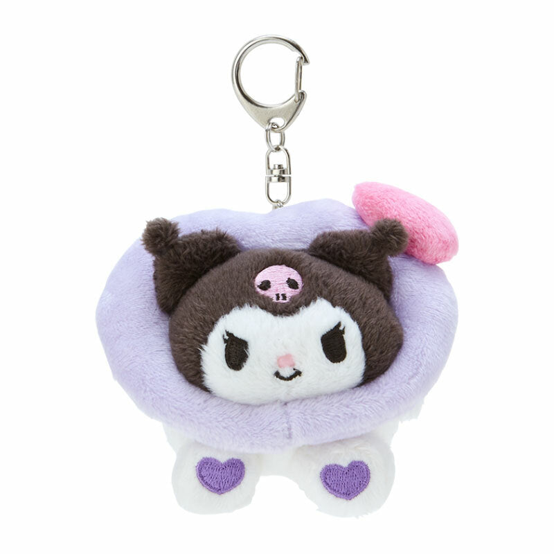 Kuromi Sanrio plush keychain attached to a tote bag, showcasing its soft plush and heart-printed paw pads.