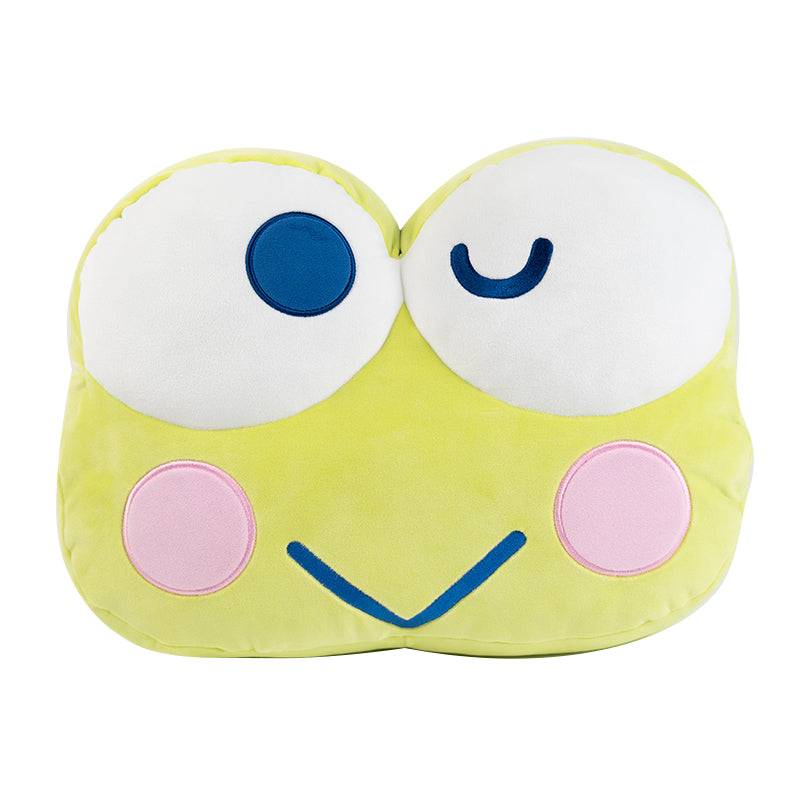 Keroppi plush and Teru Teru doll displayed on a shelf with other Sanrio mocha plush collectibles