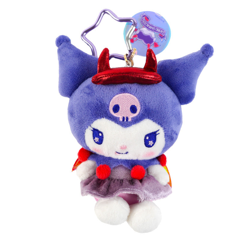 Front angle of Kuromi plush keychain showing embroidered wings and star clip