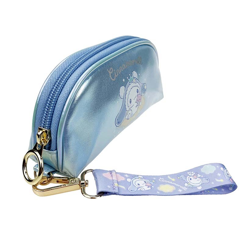 Flat lay of the metallic Cinnamoroll pouch with zipper, perfect for organizing cosmetics or stationery