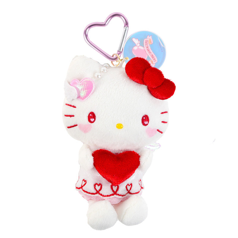 Hello Kitty keychain plush with bright angel design, white wings, and metallic accents.
