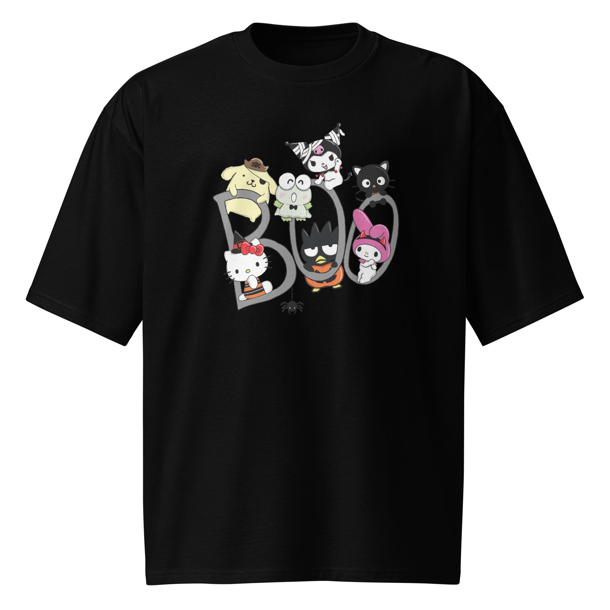 Front view of Hello Kitty Boo graphic on oversized black t-shirt