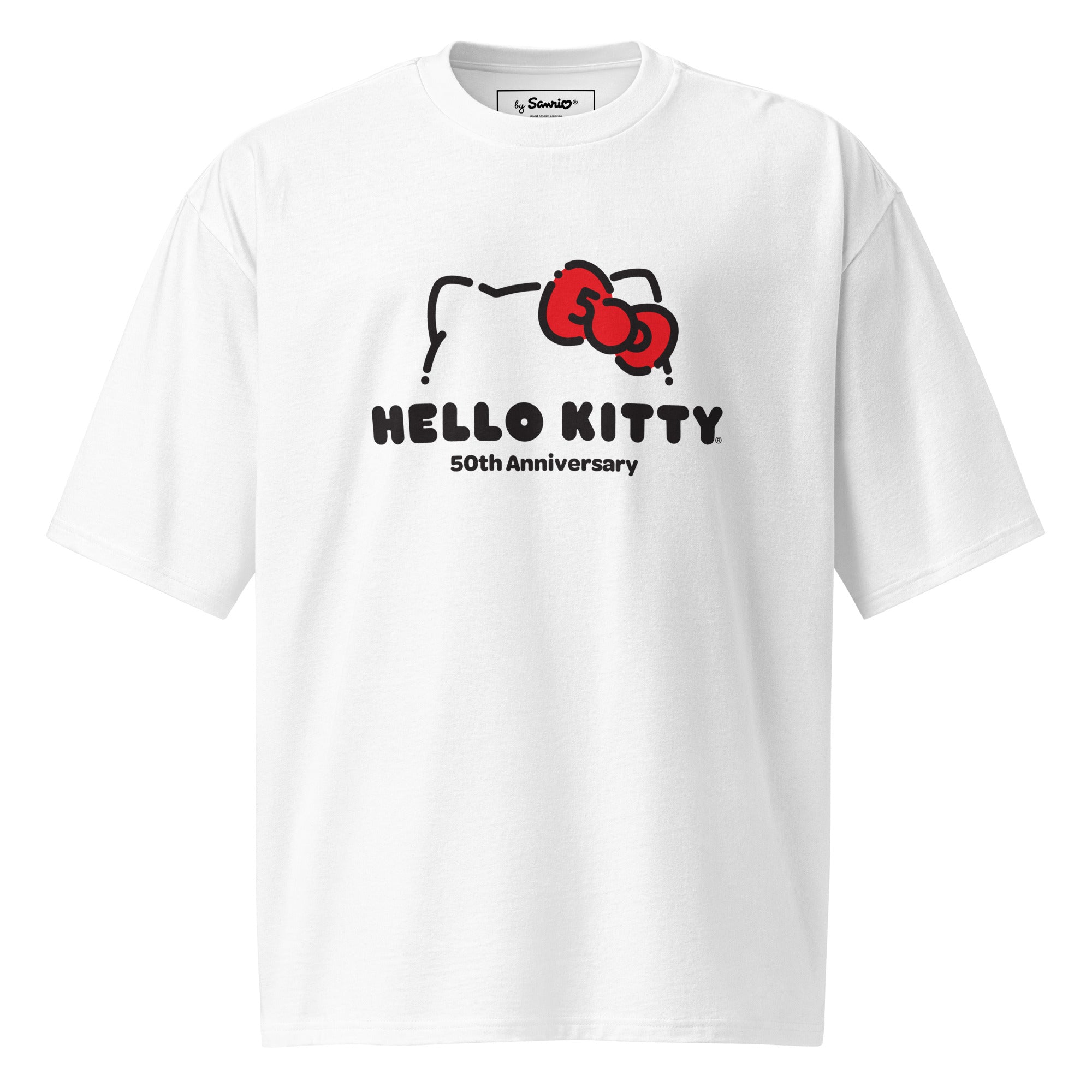 Close-up of fabric detail on oversized T-shirt with Hello Kitty logo
