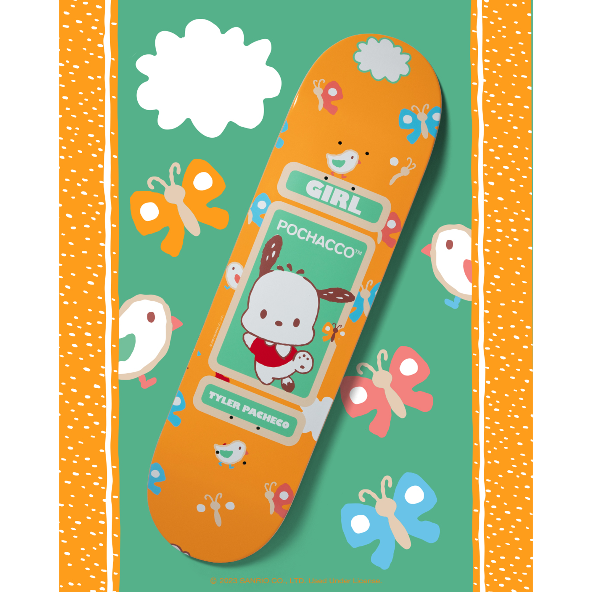 Side view of Woodland Wonder skateboard deck, highlighting dimensions.