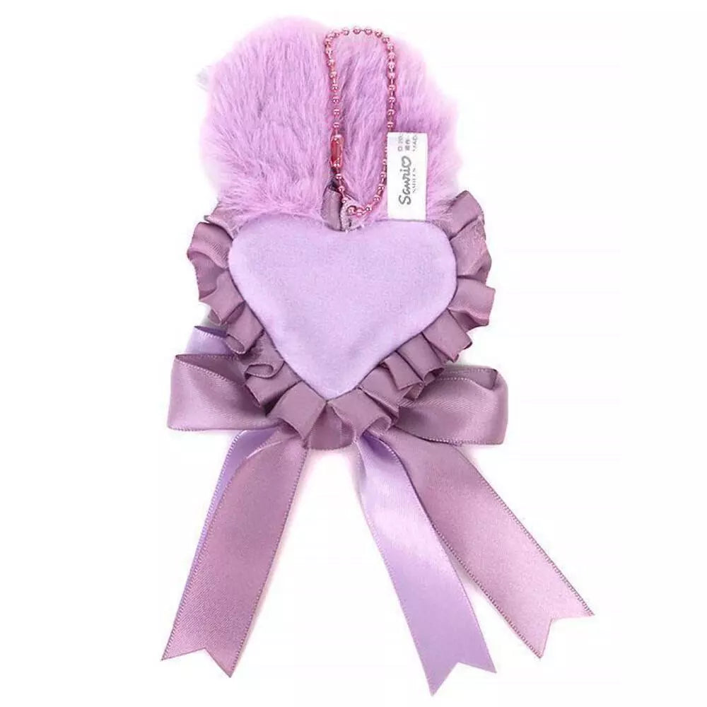 Kuromi spring rosette pin badge with satin ruffle and fluffy bunny ears, front view
