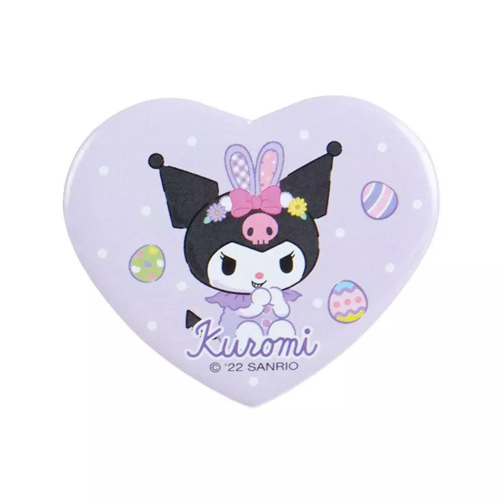 Kuromi bunny costume rosette pin badge attached to a denim jacket, showcasing its stylish use
