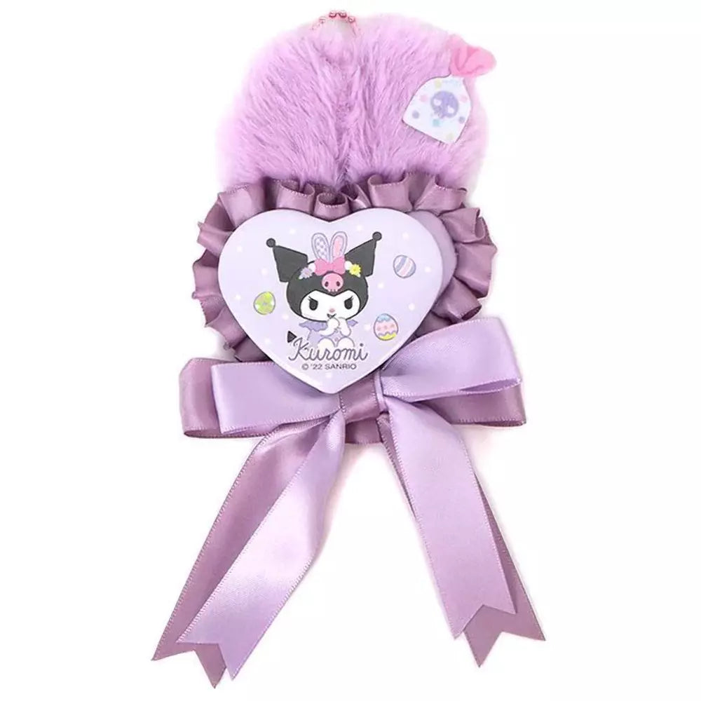 Kuromi rosette badge pin with ball chain and heart-shaped pin, side view
