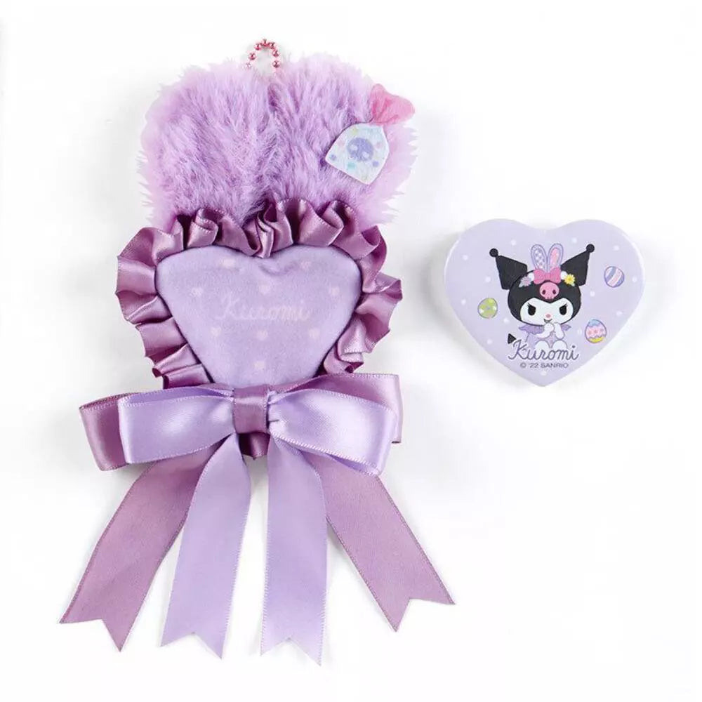 Kuromi spring rosette pin badge with satin ruffle and fluffy bunny ears, front view