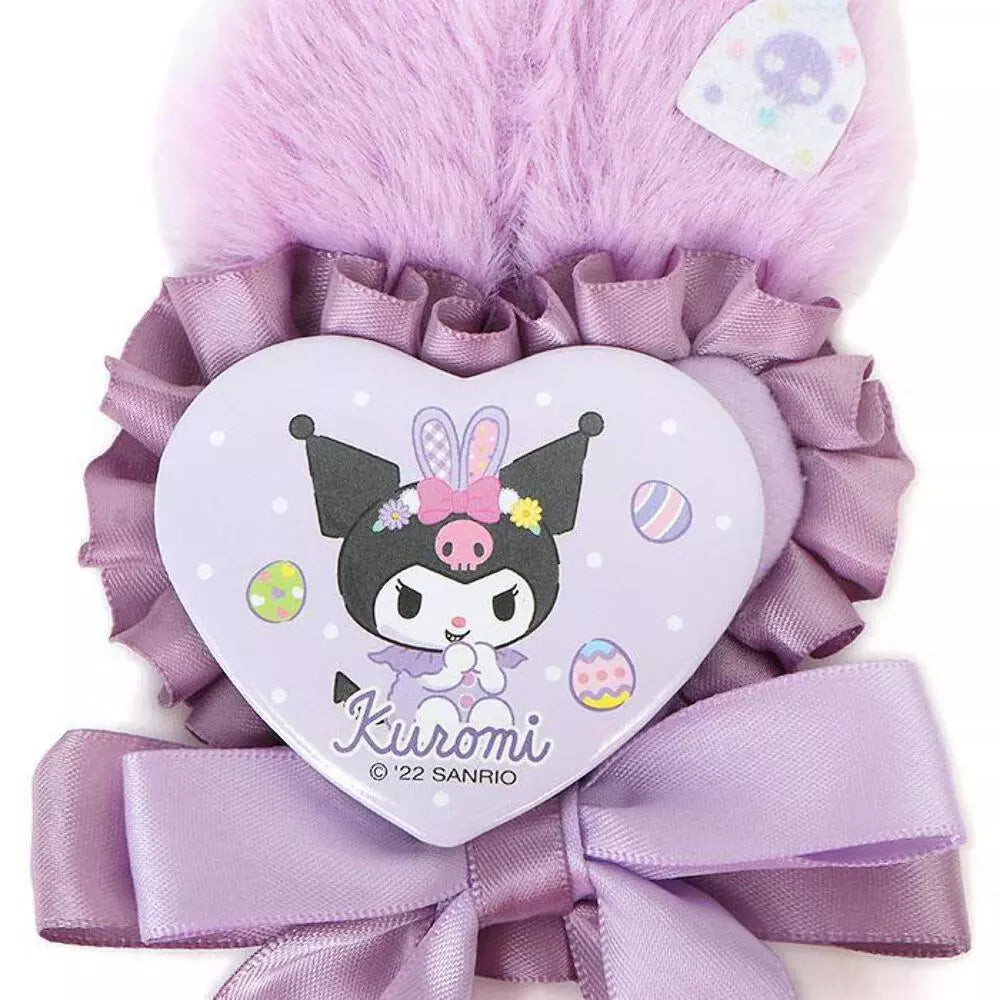 Kuromi bunny costume rosette pin badge attached to a denim jacket, showcasing its stylish use