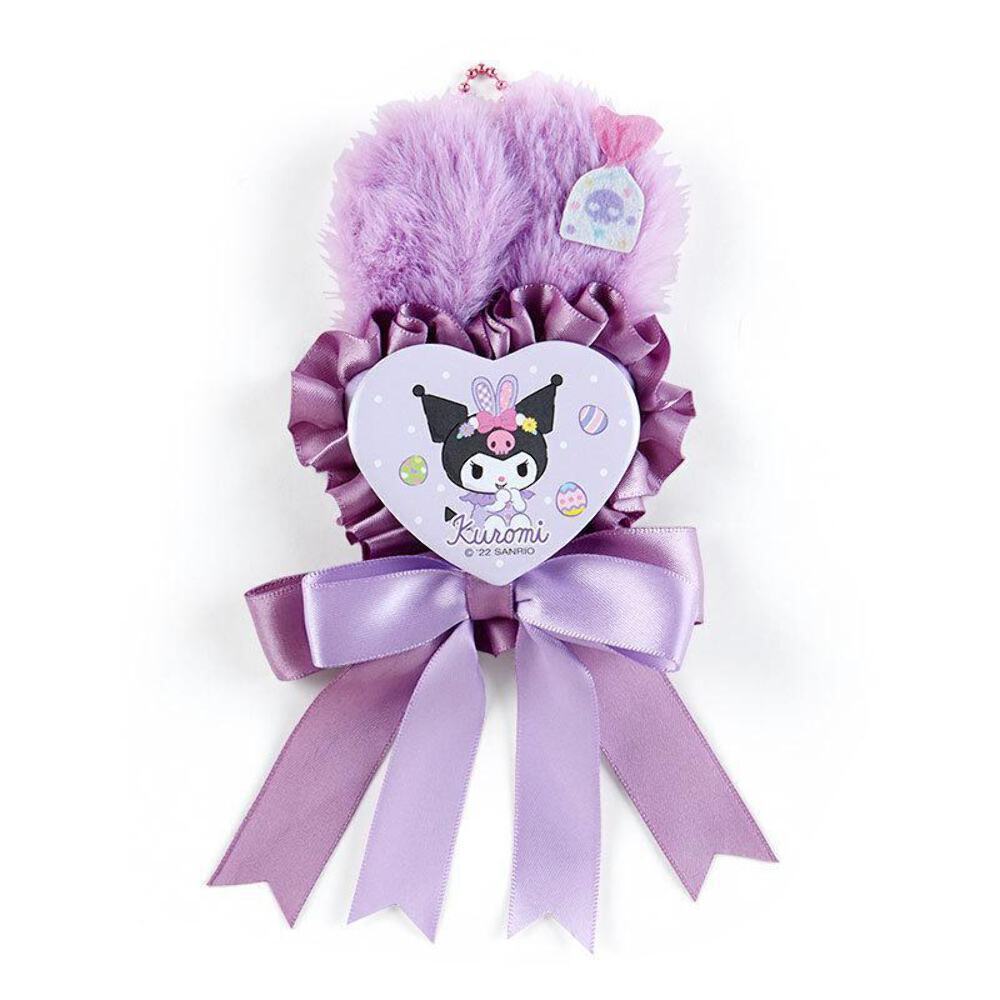 Kuromi spring rosette pin badge with satin ruffle and fluffy bunny ears, front view