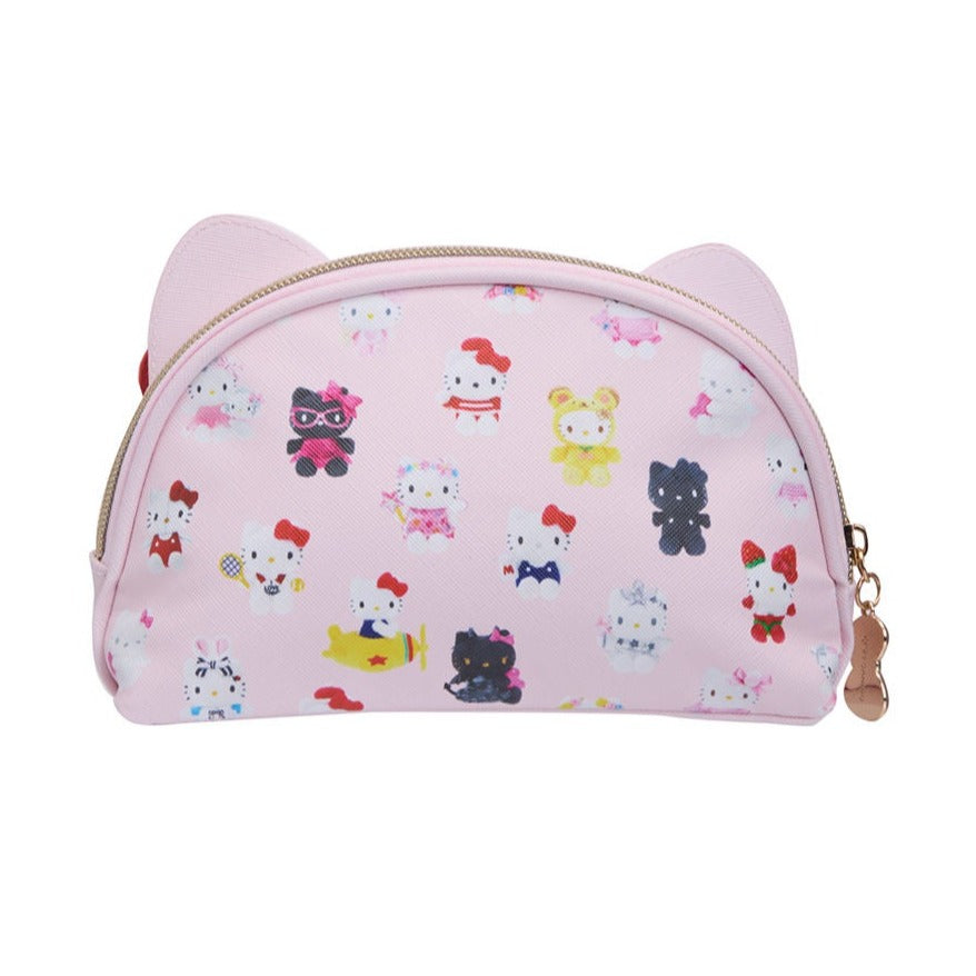 Front view of Hello Kitty makeup pouch with zipper and red bow.