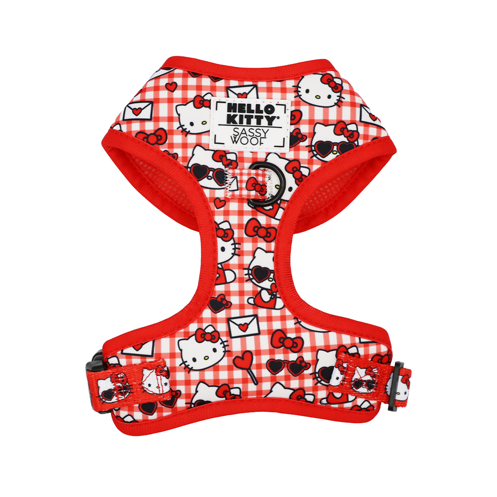 Hello Kitty dog harness fitted on a small breed, showing front and back adjustments