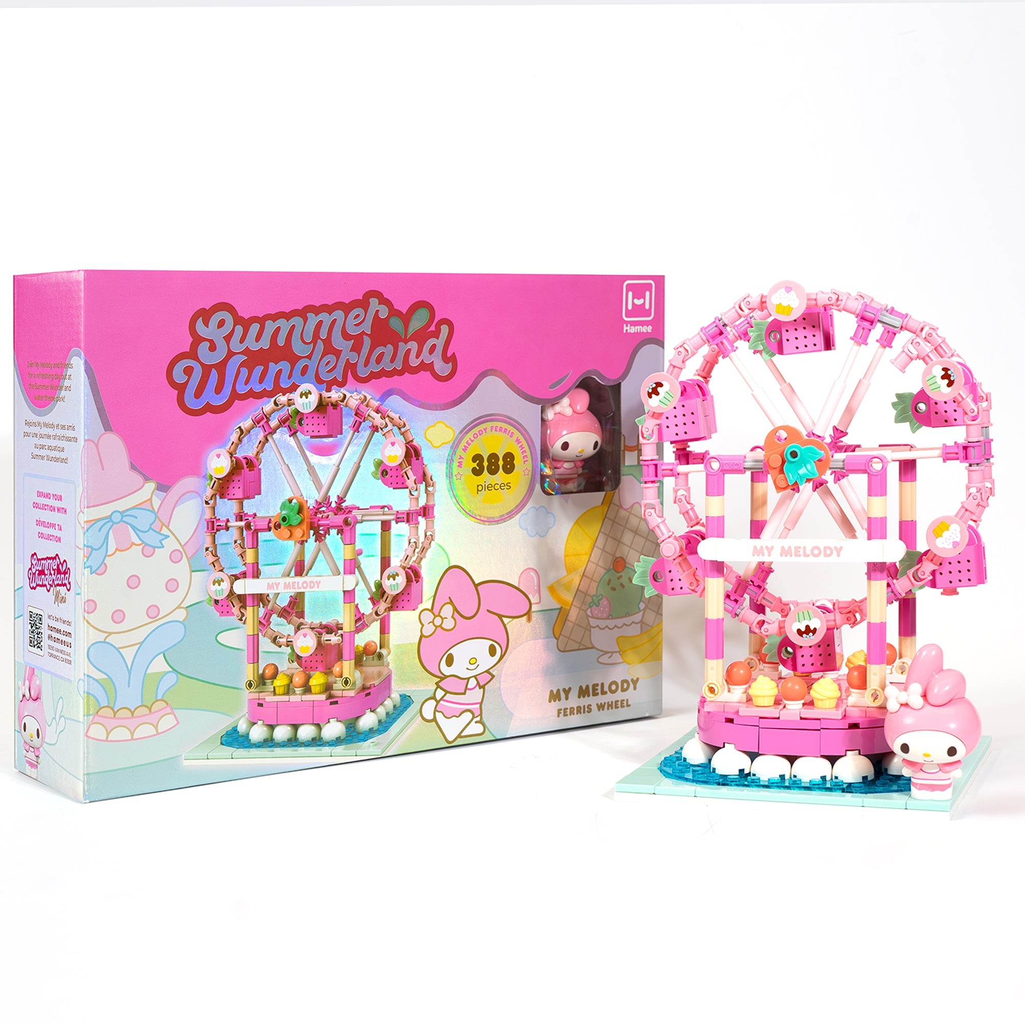 Colorful My Melody building blocks featuring a Ferris wheel and water slides.