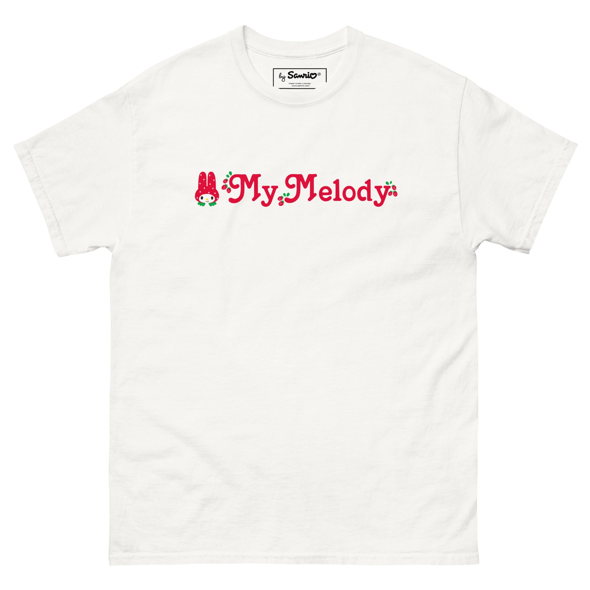 My Melody Strawberry Logo Graphic Tee on a model, showcasing the design and comfort.