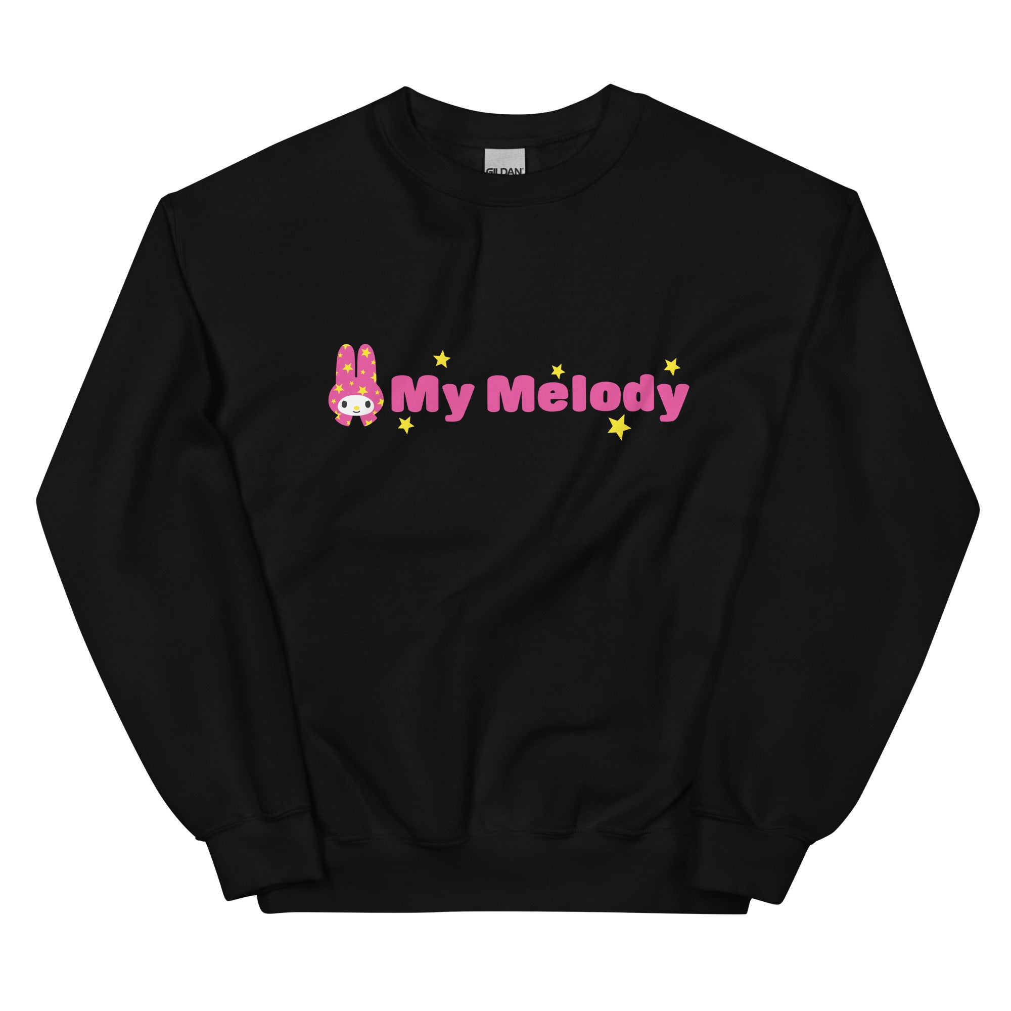 Close-up of My Melody's embroidered logo on a black crewneck sweater