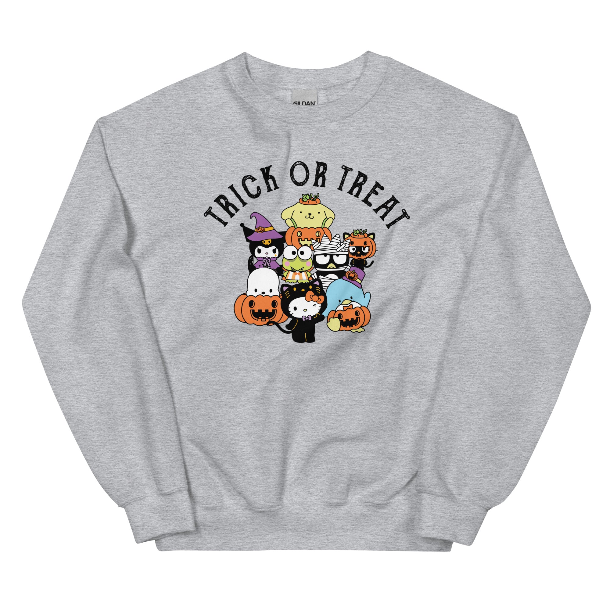 Front view of Hello Kitty Halloween sweater worn with jeans