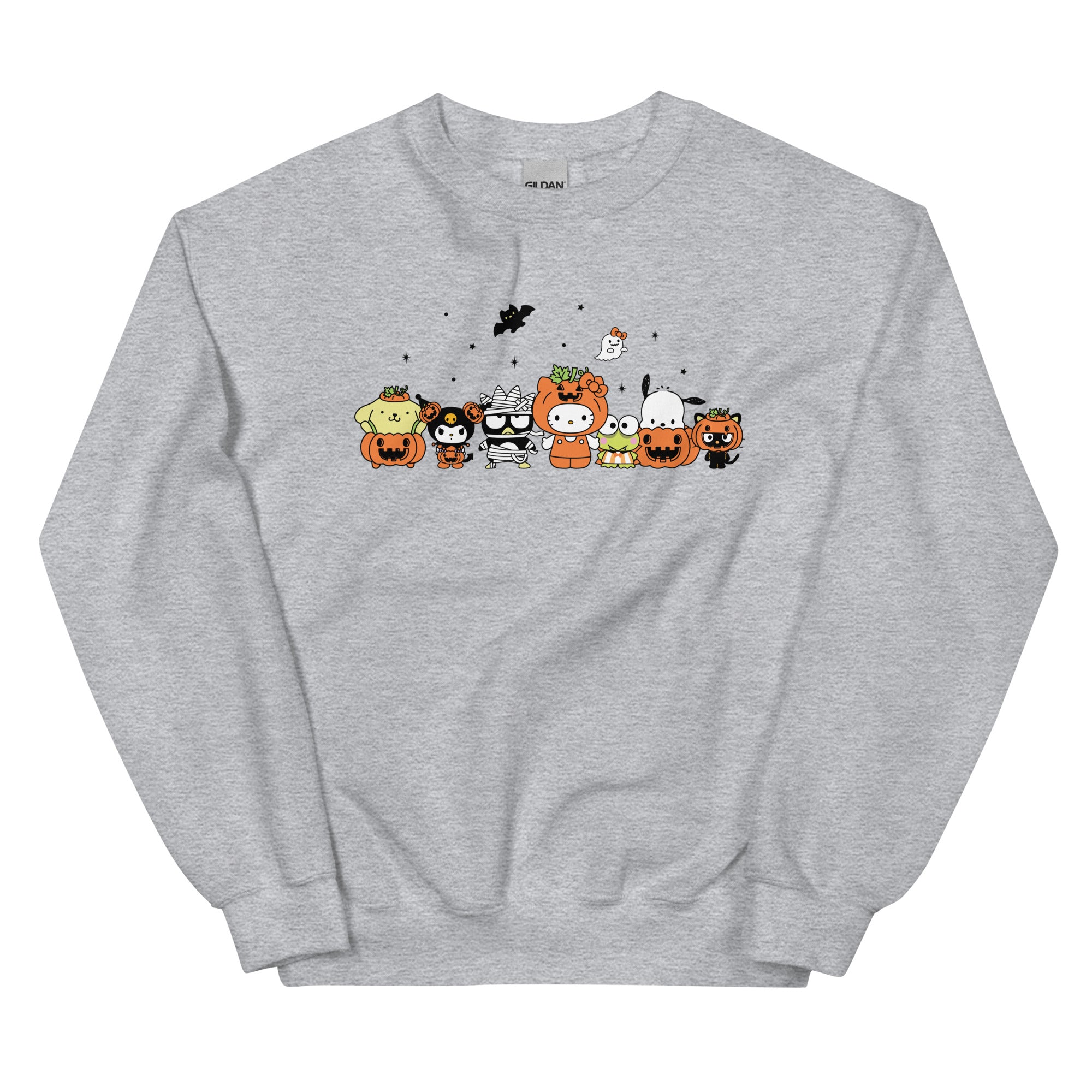 Child wearing Hello Kitty pumpkin costume sweater while trick-or-treating.