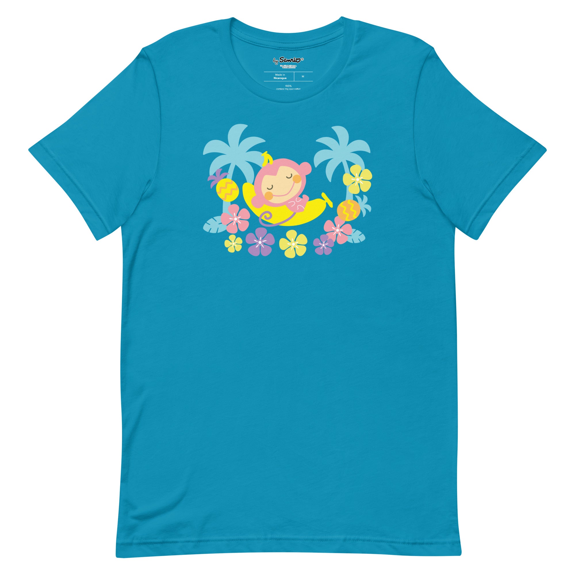 Chi Chai Monchan cute monkey shirt on a model, showcasing the tropical design.