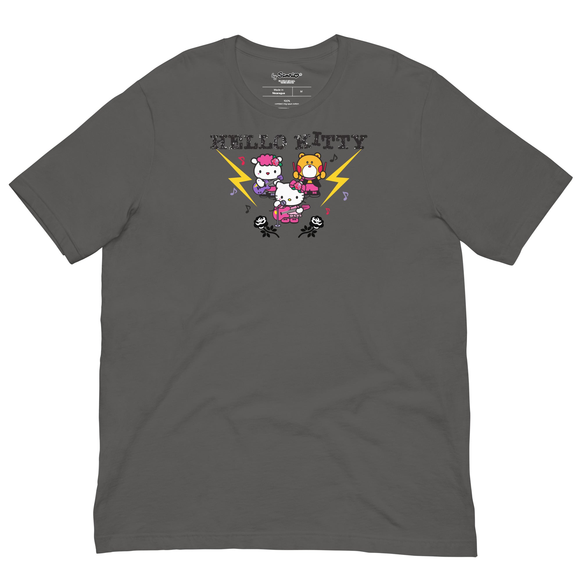 Hello Kitty graphic tee displayed on a mannequin with guitar.