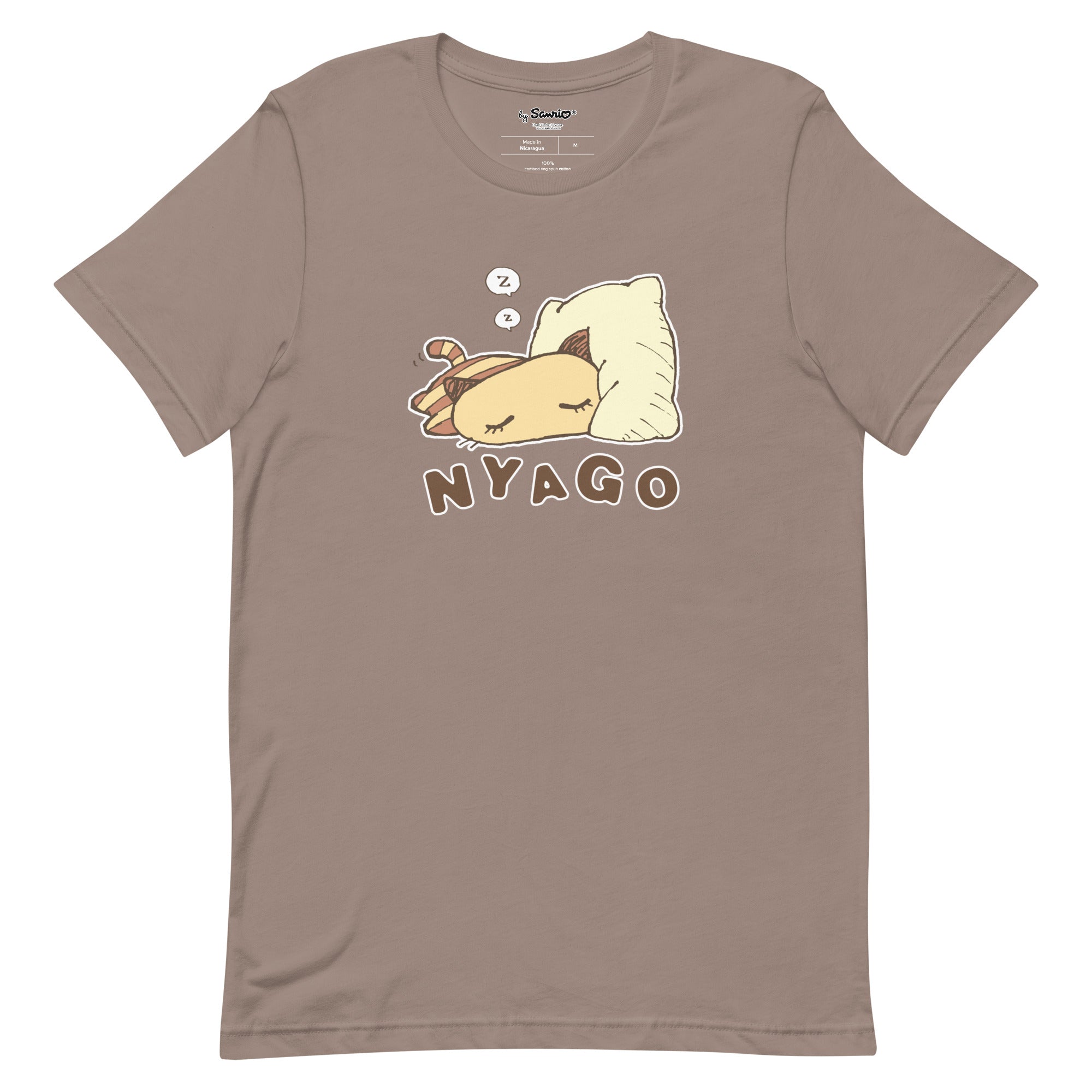 Nyago logo graphic tee draped on a wooden chair, showcasing its relaxed fit