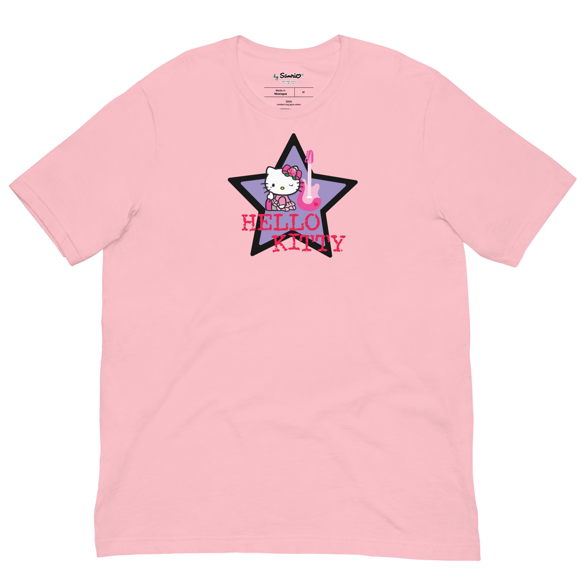 Front view of Hello Kitty guitar t-shirt styled for streetwear looks