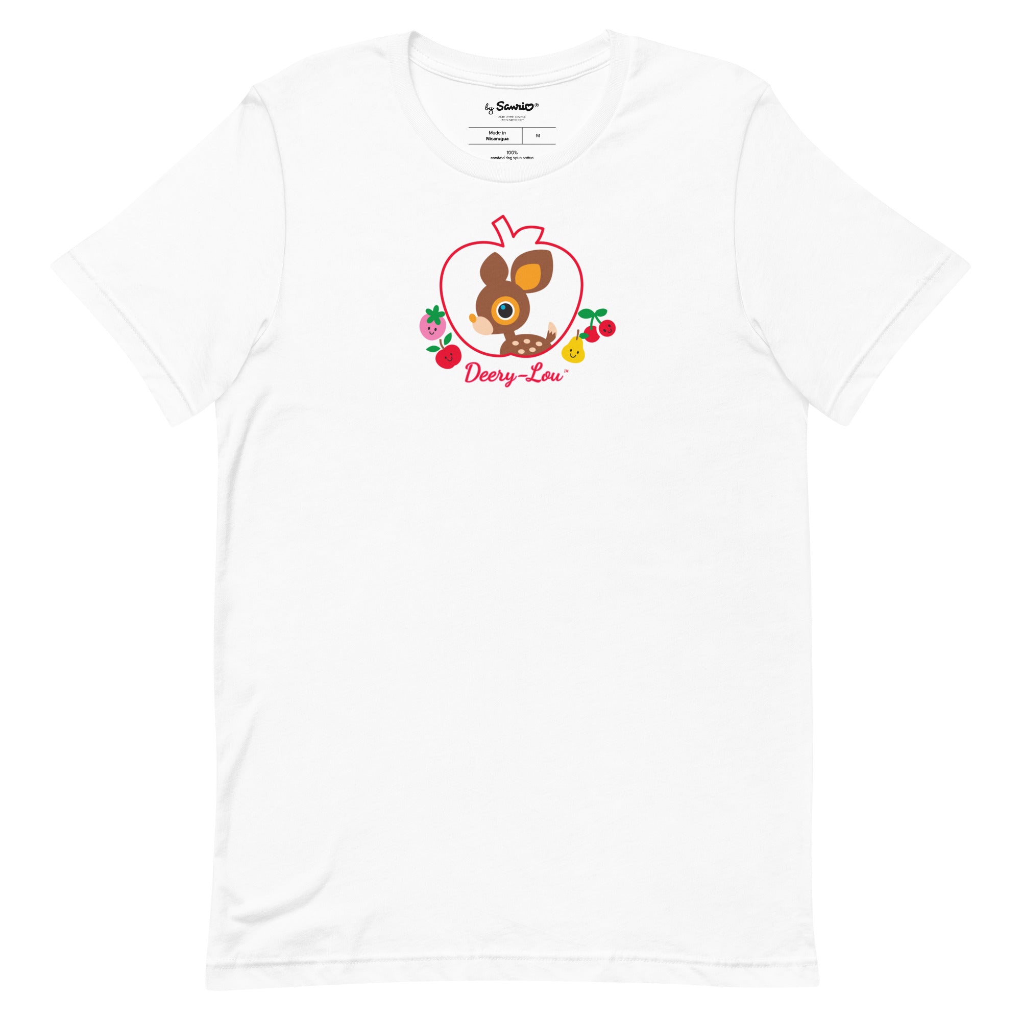 Close-up of Deery-Lou character on a cute fruit print t-shirt, ideal for casual wear