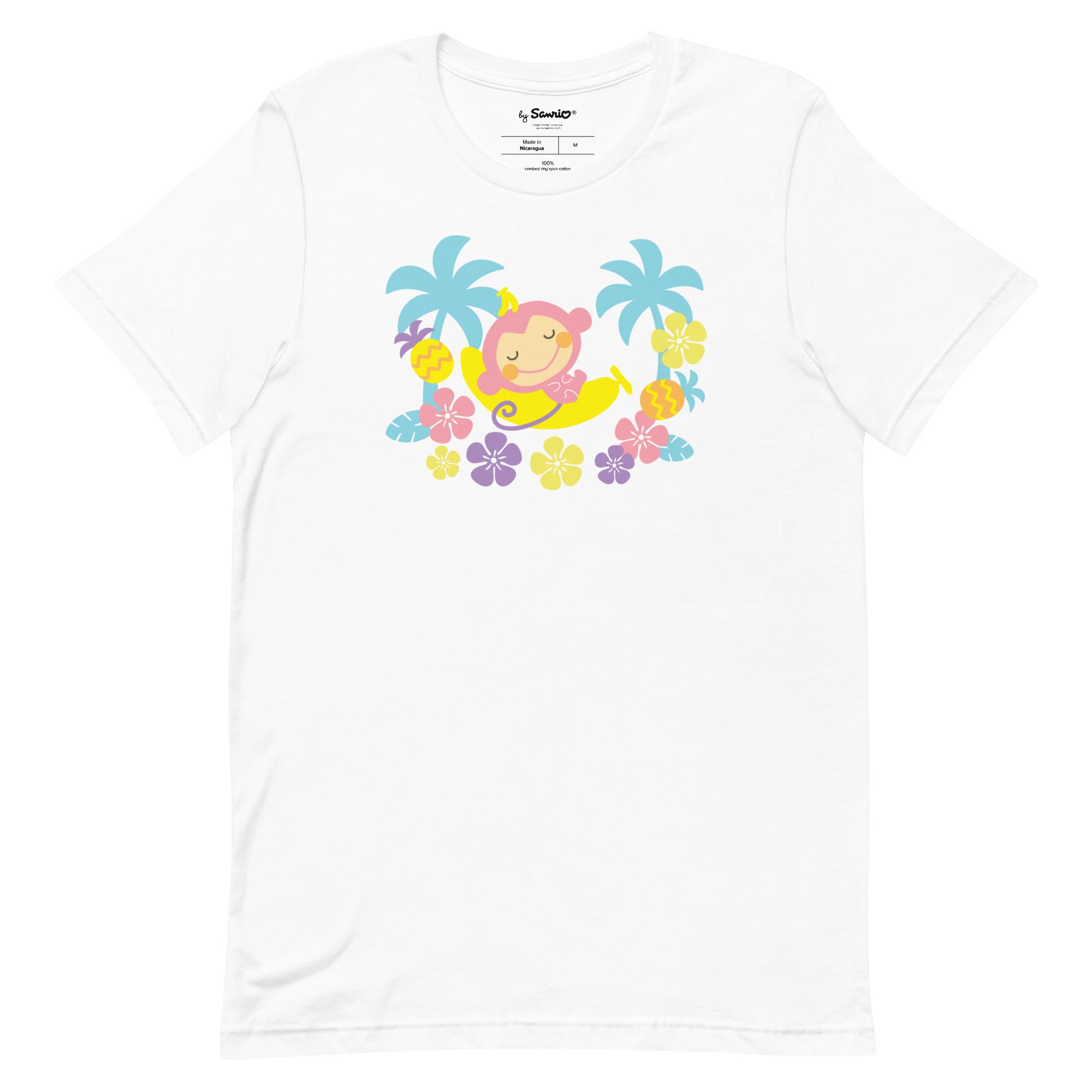 Chi Chai Monchan cute monkey shirt on a model, showcasing the tropical design.