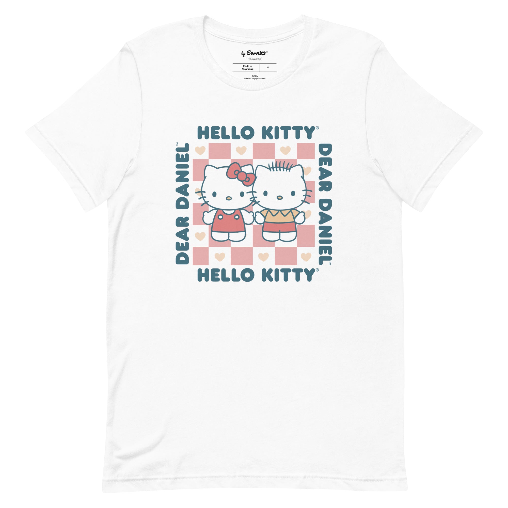 Hello Kitty & Dear Daniel t-shirt front view on hanger