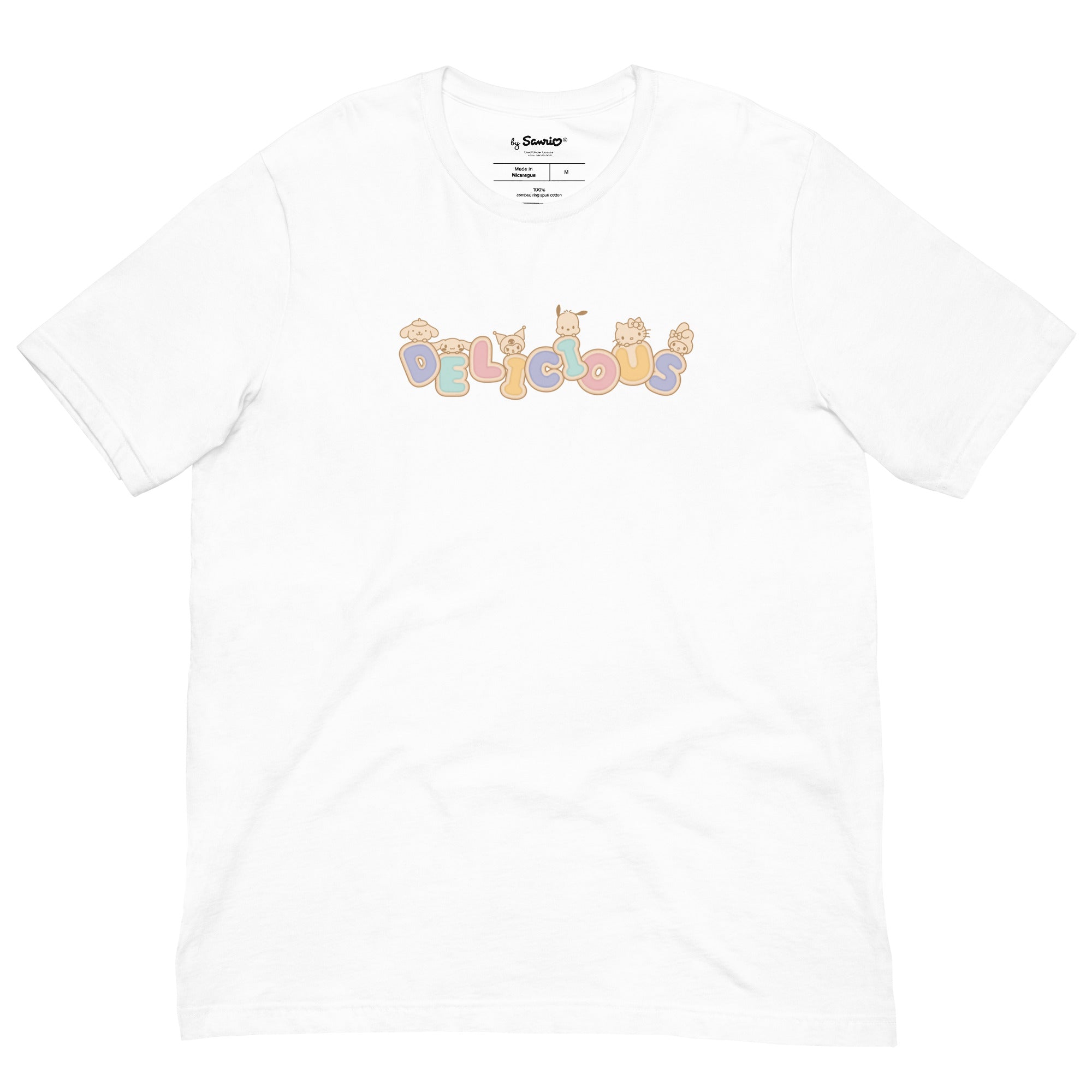 Model wearing Hello Kitty t-shirt with cookie print, smiling against city backdrop