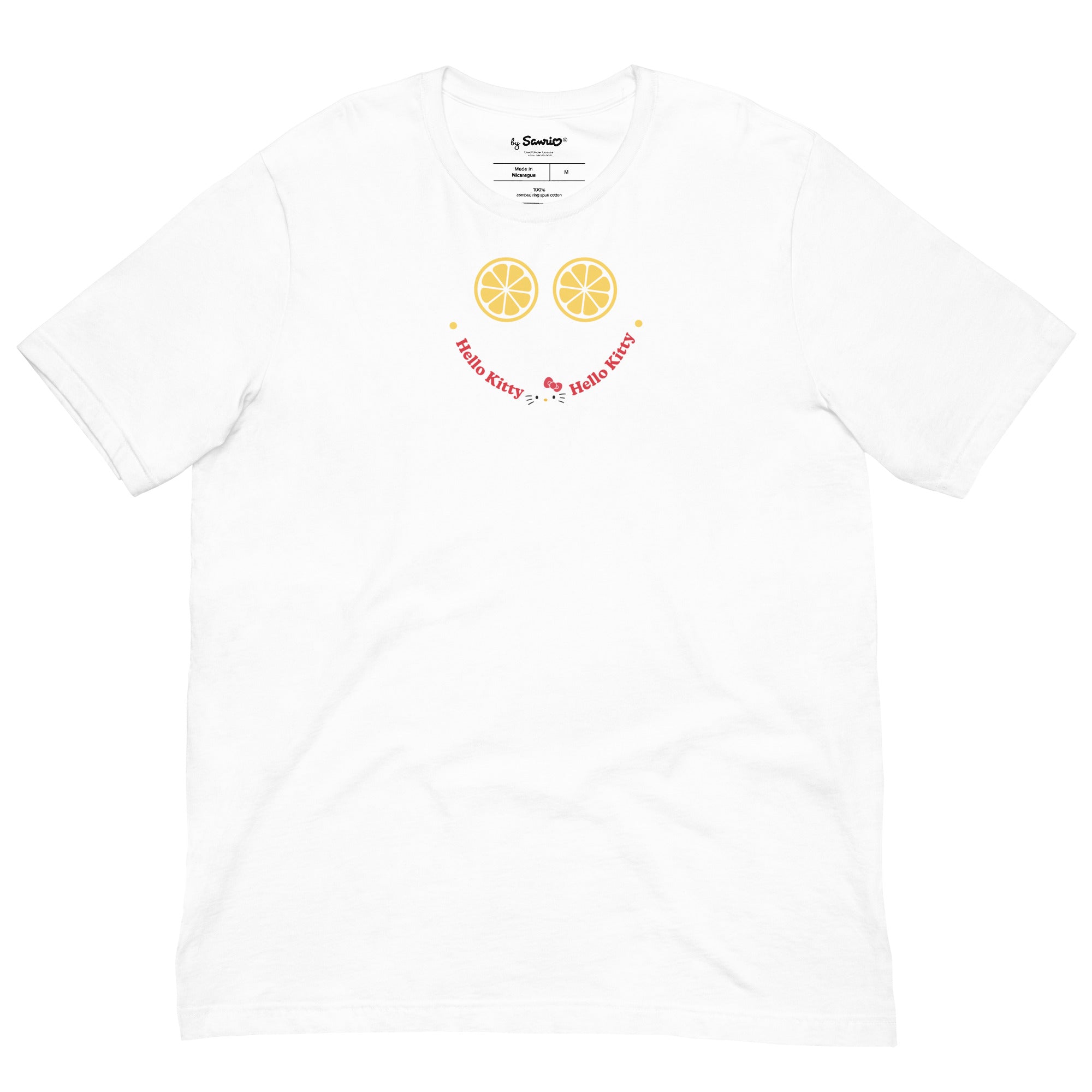 Front view of Hello Kitty summer t-shirt with citrus and berry prints