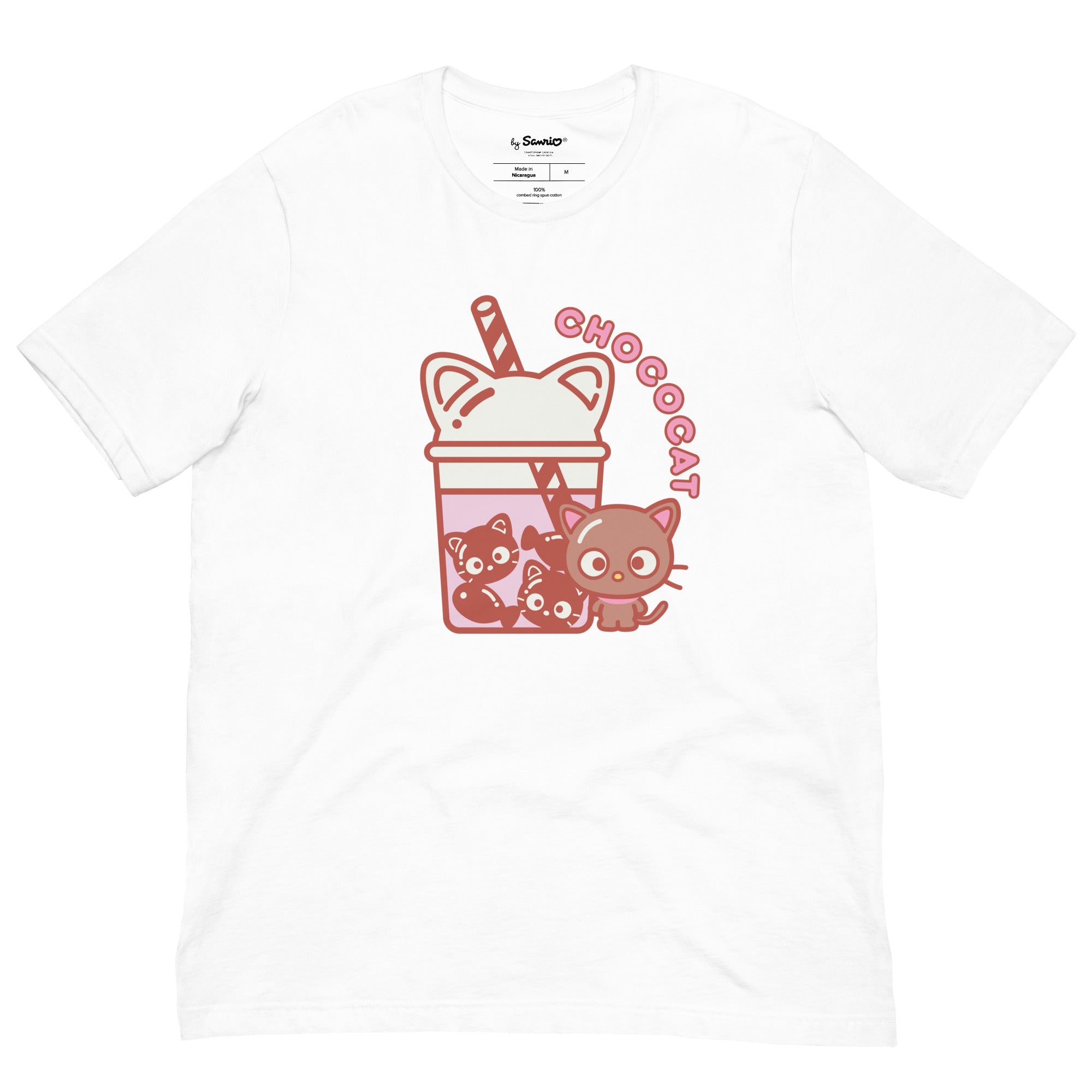 Model wearing the playful bubble tea t-shirt featuring Chococat, showcasing comfortable fit