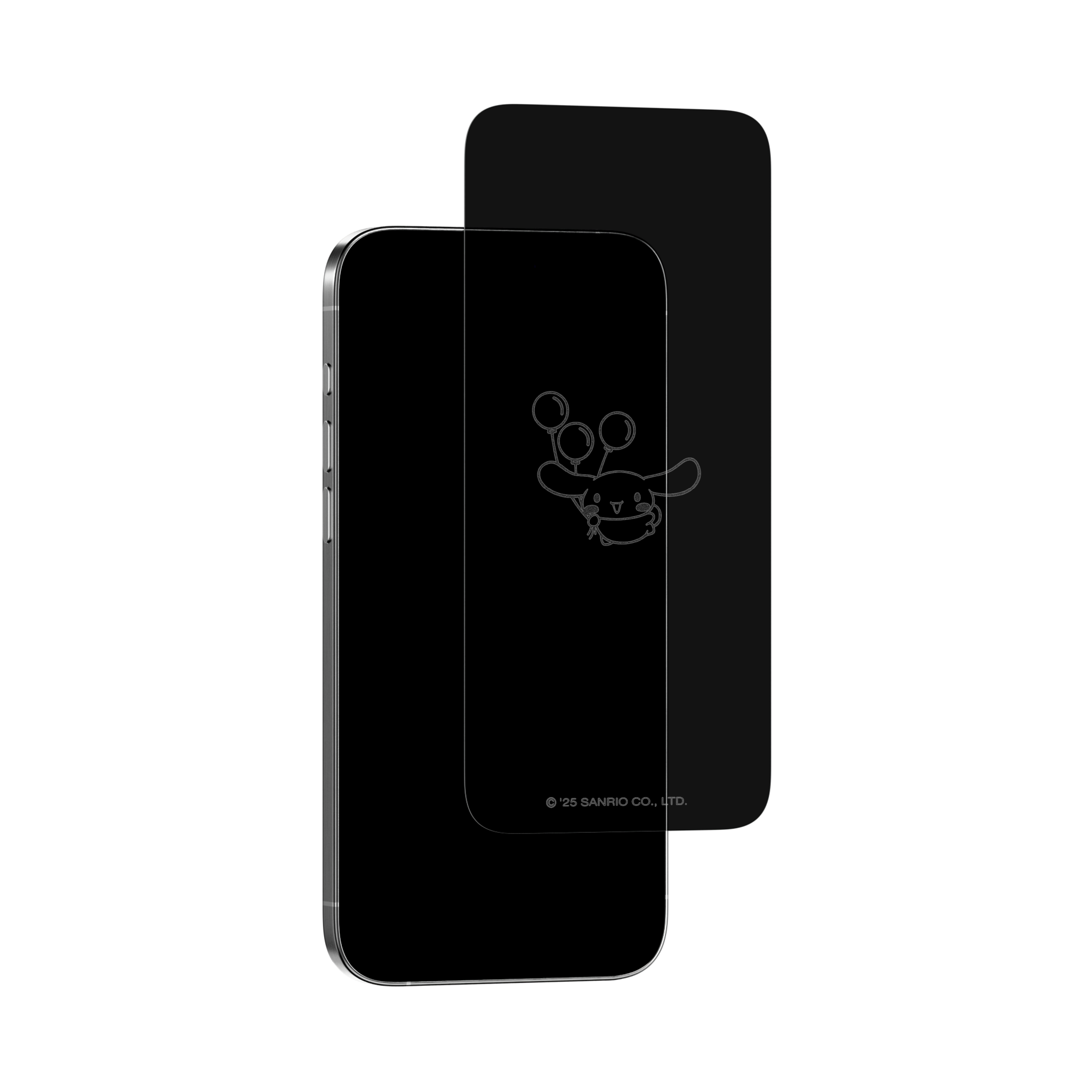 Cinnamoroll privacy screen protector installed on iPhone, showing balloon art when screen is off