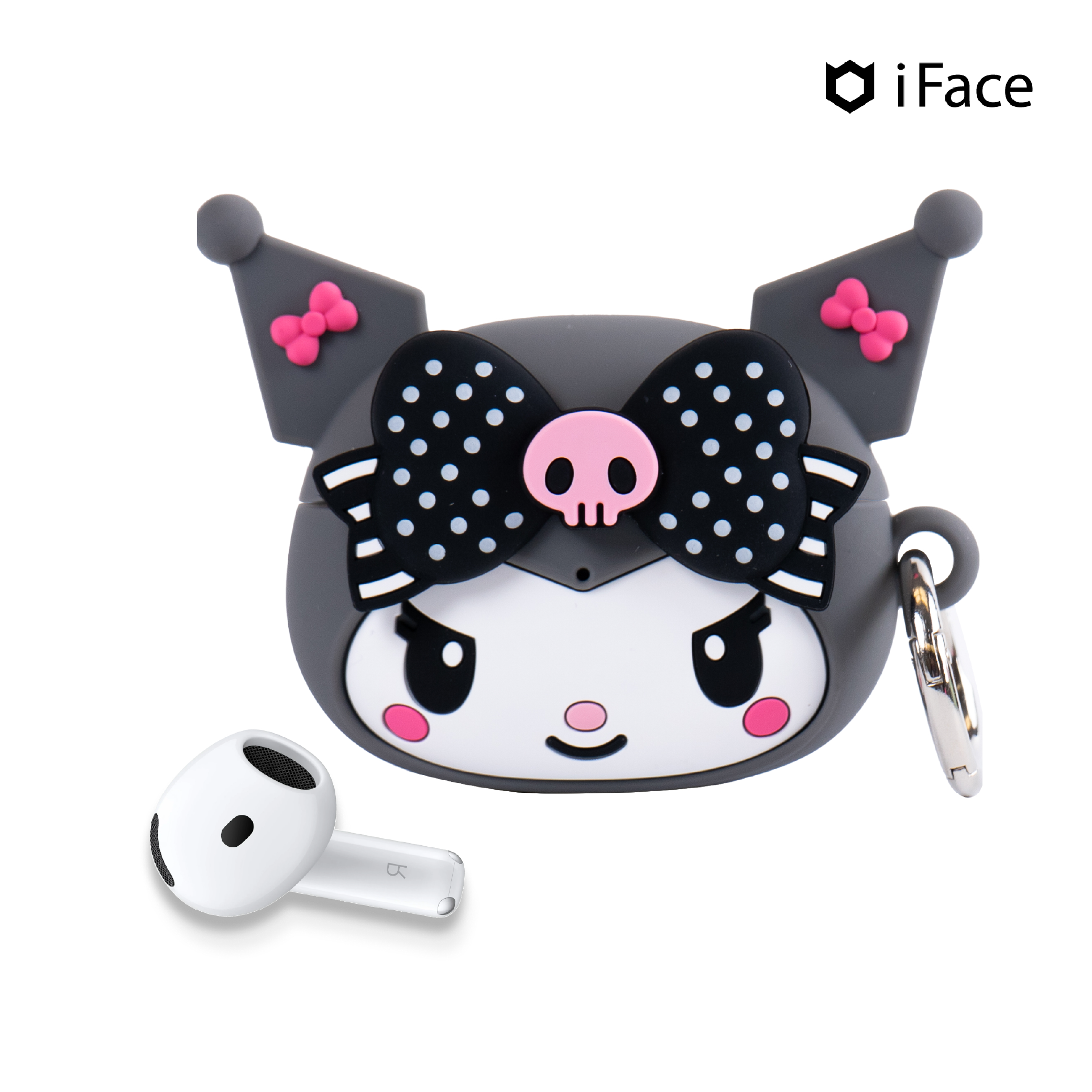 Kuromi AirPods case attached to a backpack using the carabiner clip