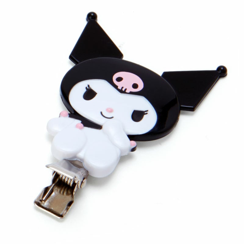 Kuromi hair clips displayed on a colorful fashion background.