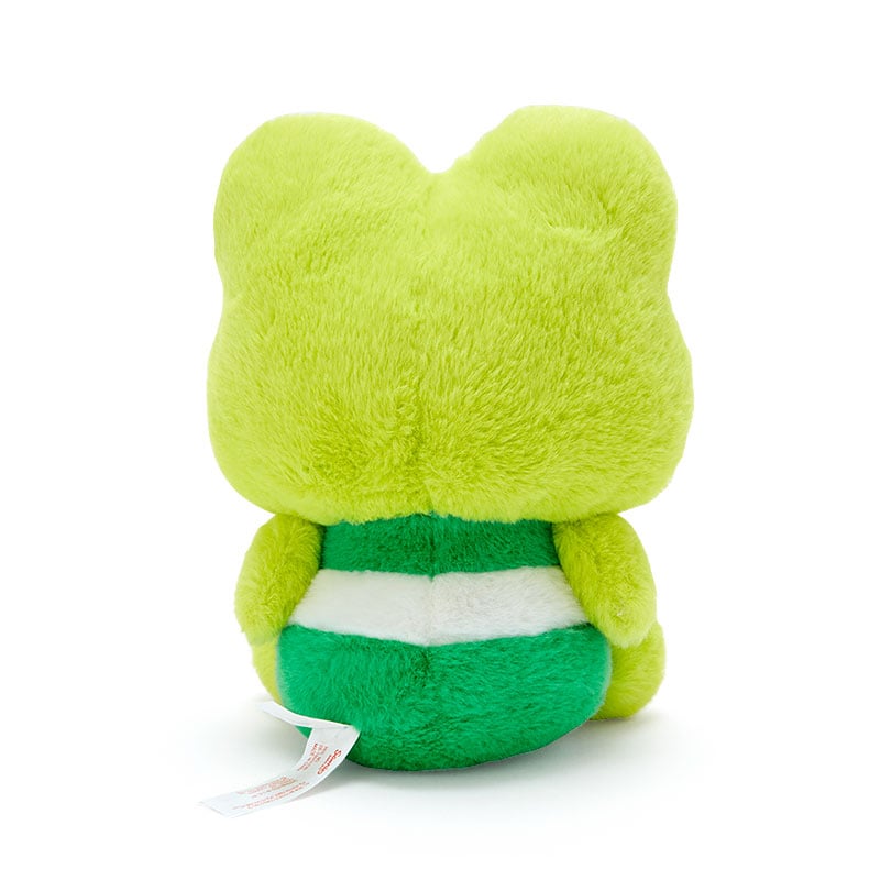 Close-up of the Keroppi plushs face, highlighting its cute embroidered eyes and smile.