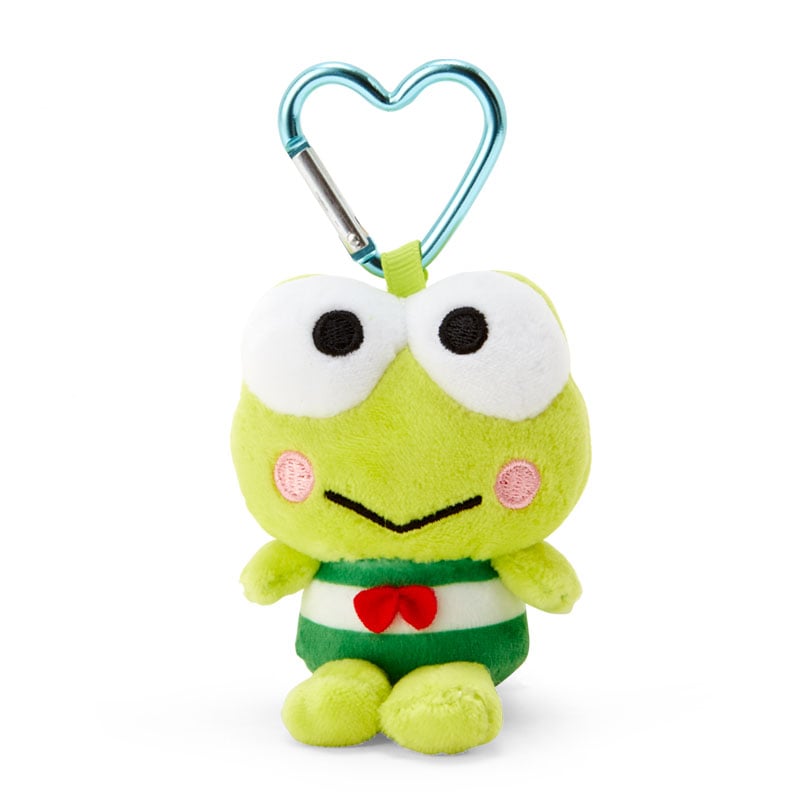 Keroppi plush keychain with heart-shaped clip attached to a backpack