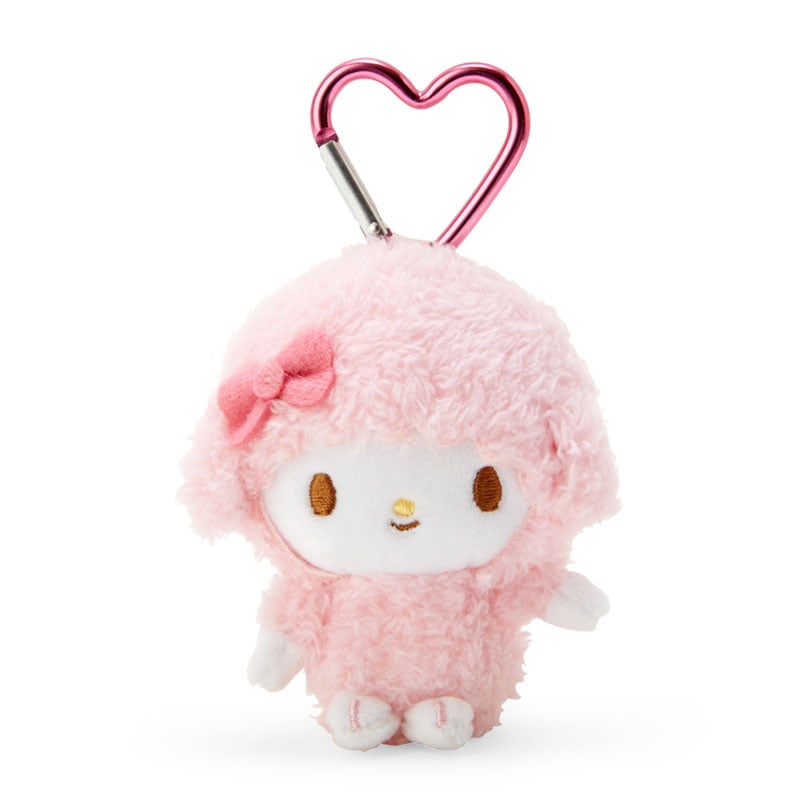 Close-up of the heart-shaped plush keychain with colorful clip attachment