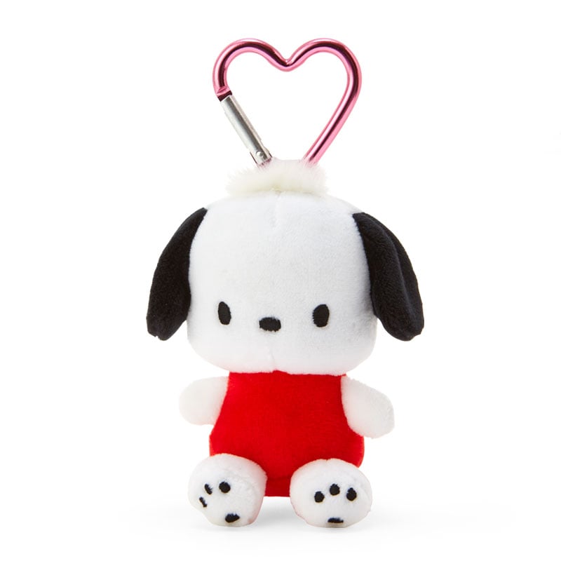 Close-up of Pochacco plush keychain with heart-shaped clip on a backpack