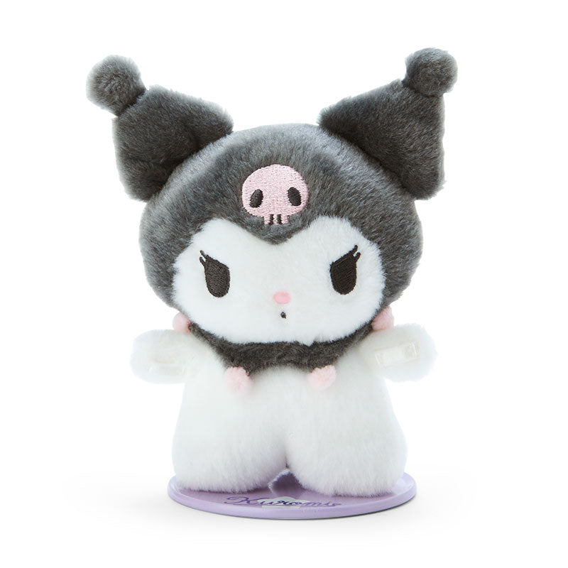 Close-up of the Kuromi plush doll showcasing its embroidered eyes.