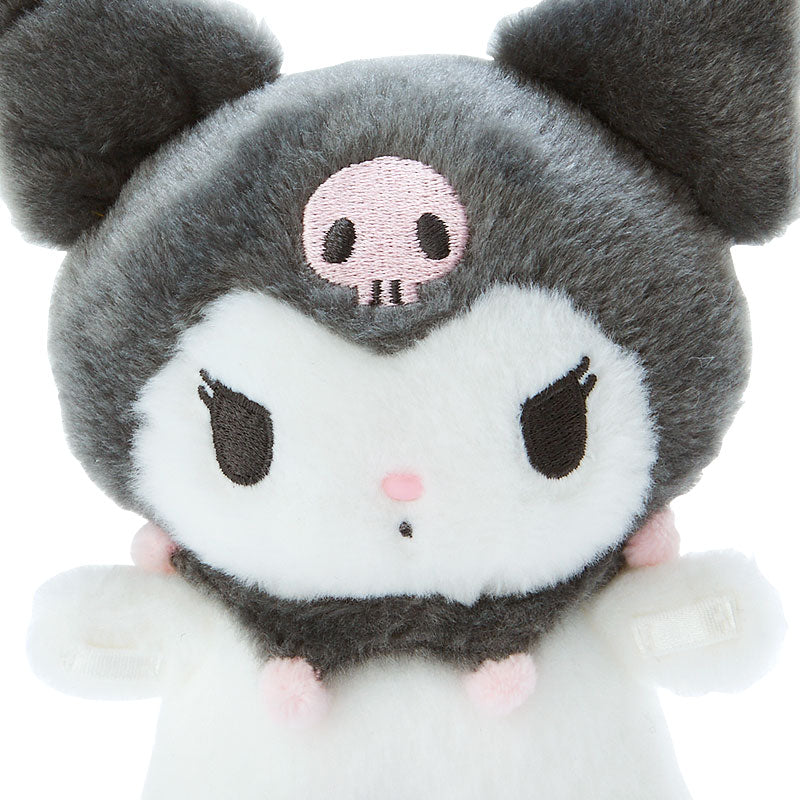 Close-up of the Kuromi plush toy’s embroidered eyes and resin nose