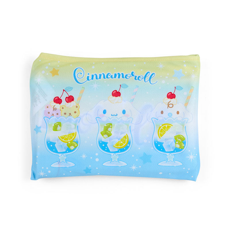 Close-up of Cinnamoroll soda float graphic on soft blue plush infant blanket