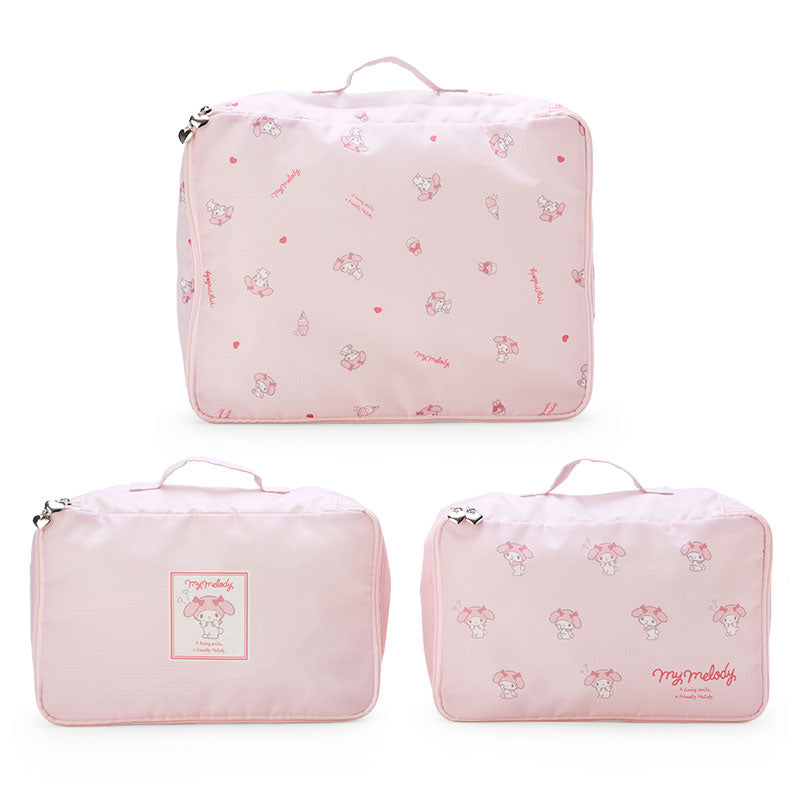 My Melody character print packing cubes filled with clothes inside a suitcase