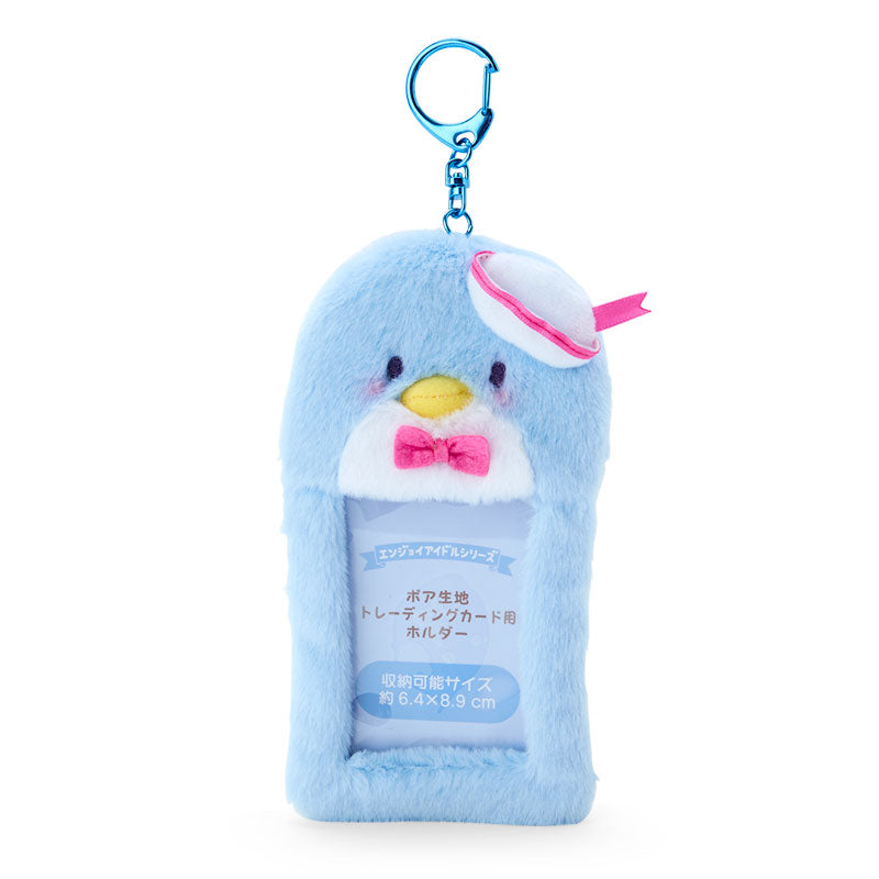 Front view of Tuxedosam plush card holder showing clear ID window