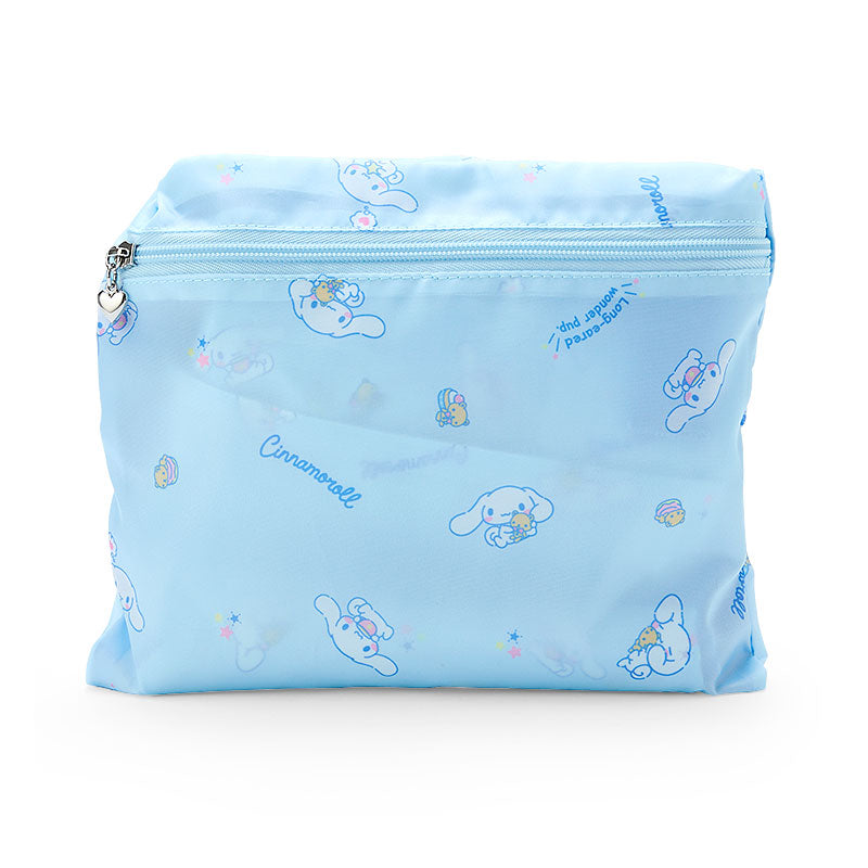 Cinnamoroll weekender bag displayed against a scenic travel backdrop.