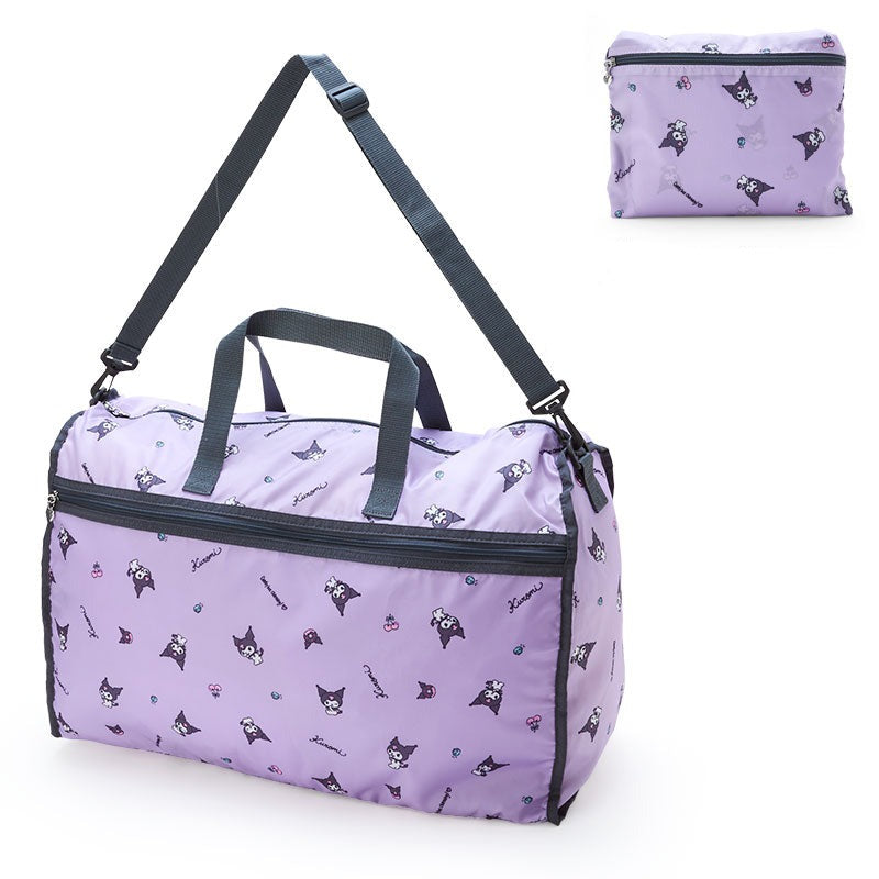Front view of Kuromi weekender bag showcasing its print and handles. Front view of Kuromi weekender bag showcasing its print and handles.