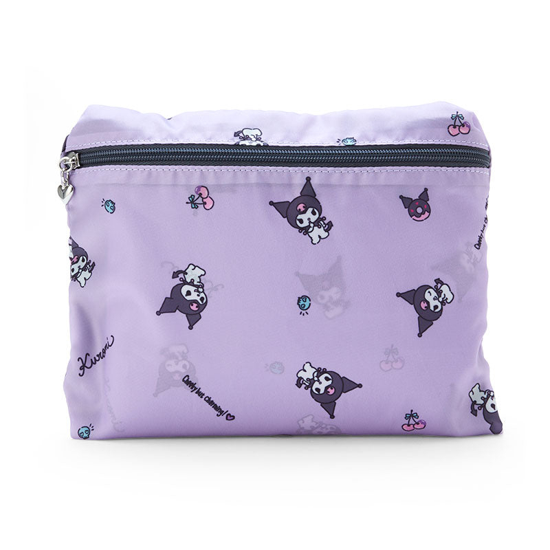 Kuromi weekender bag folded, highlighting its compact size for easy storage.